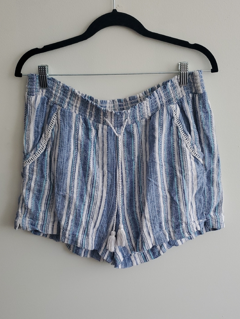 Briggs Blue & White Striped Linen Cotton Blend Women’s Drawstring Shorts Sz L